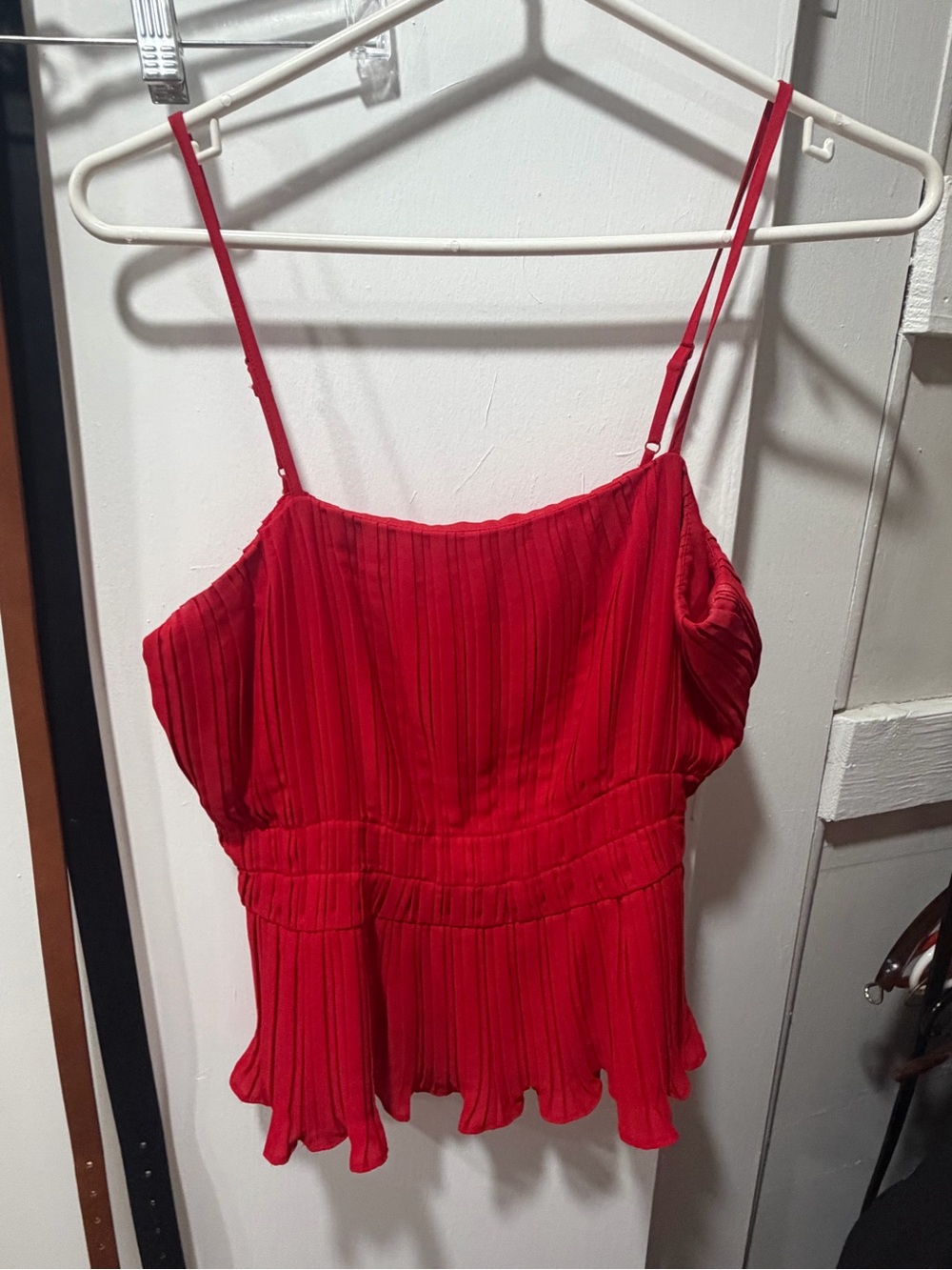 bebe Red Ribbed Spaghetti-Strap Peplum Camisole